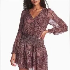 Womens Pink Snake Print V-Neck Long Sleeve Dress